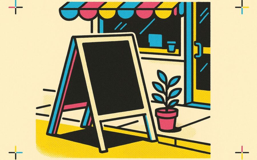 Illustration CMJN dun chevalet stop trottoir devant un café