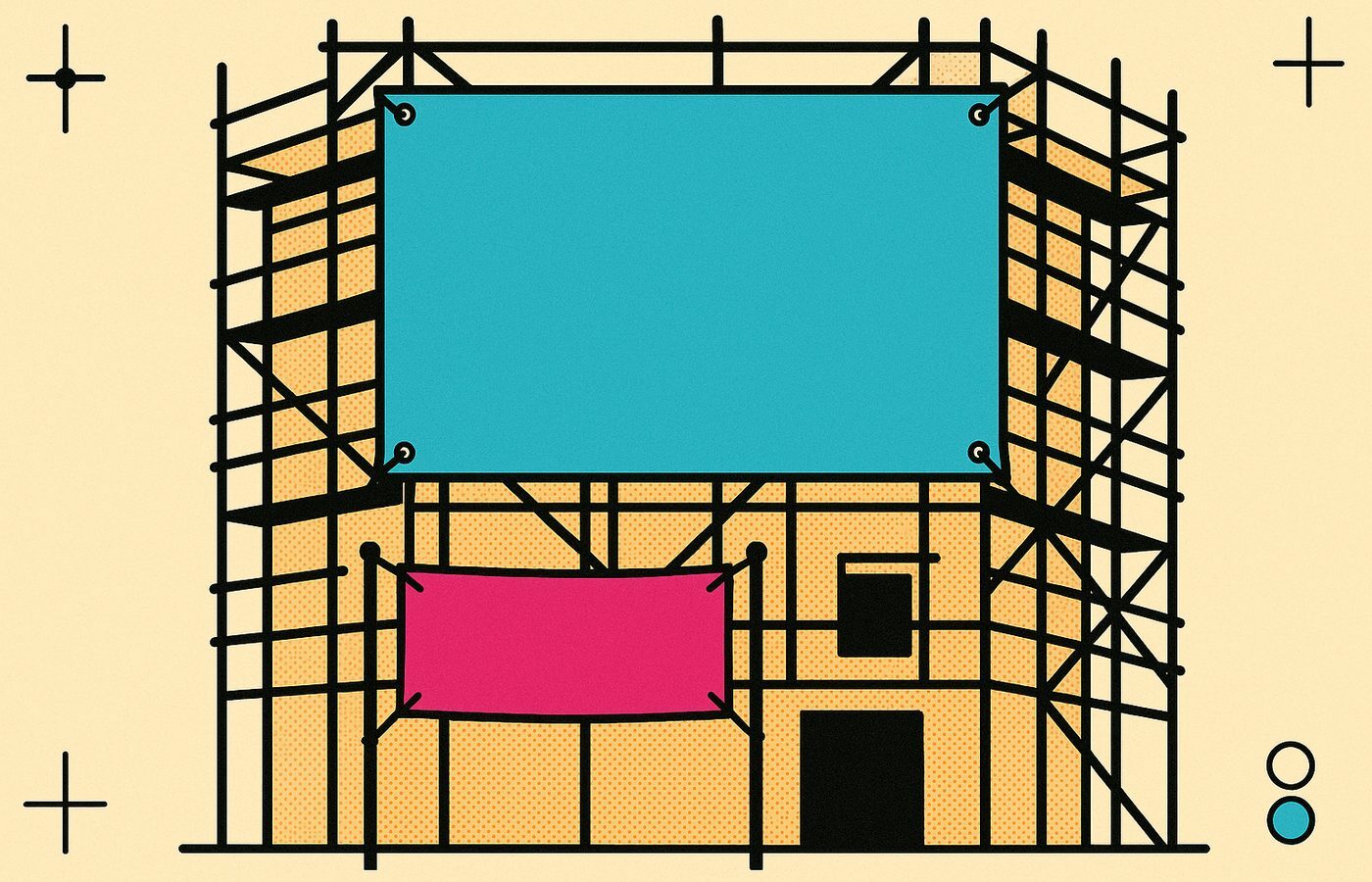 Illustration CMJN dune bâche publicitaire sur un échafaudage