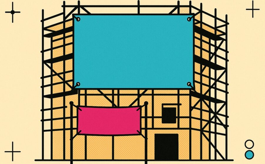 Illustration CMJN dune bâche publicitaire sur un échafaudage